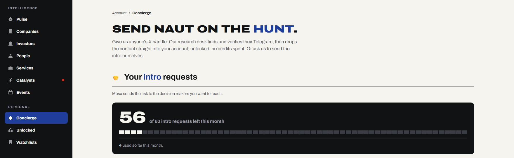 The Concierge page, showing how many intro requests you have left this month